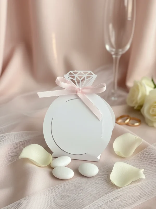 cutie marturie nunta botez albă cu fundă și decupaj diamant