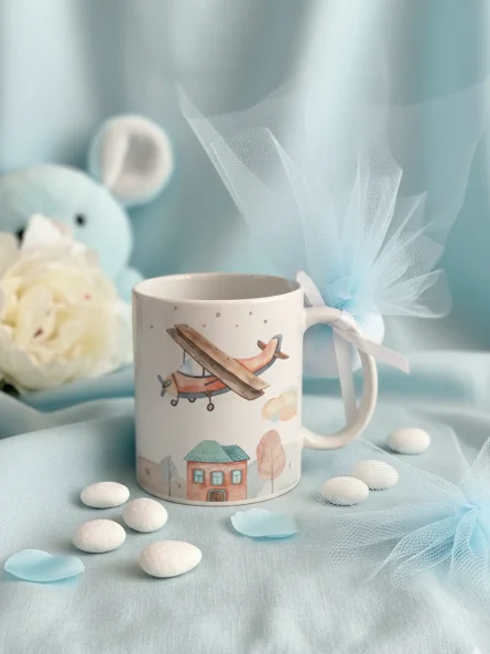 Mărturie botez băiat – cană cu avion și săculeț textil elegant