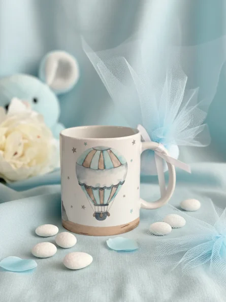 Mărturie botez băiat – cană cu balon și săculeț textil