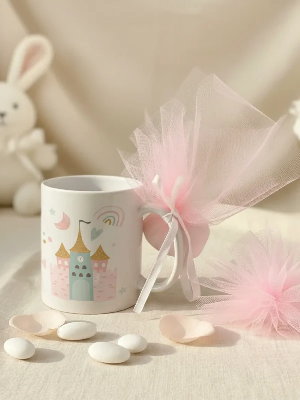 Mărturie botez fetiță – spatele cănii cu castel și săculeț roz