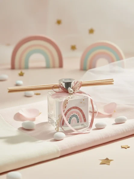 Mărturie botez fetiță – odorizant cameră cu curcubeu pastel și panglică roz