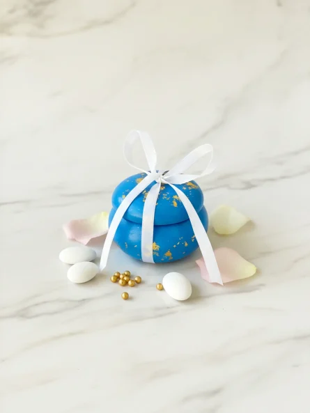 Mărturie macaron albastru cu foiță aurie și fundă albă