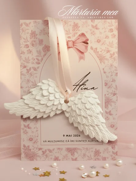 marturie botez aripi inger ceramica cu panglica crem si cartonas floral roz
