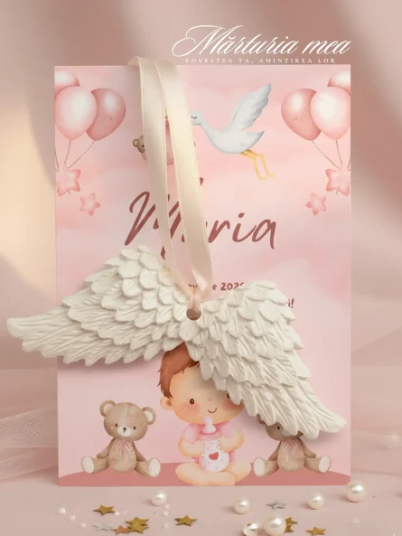 marturie botez aripi inger ceramica cu cartonas roz si ursuleti