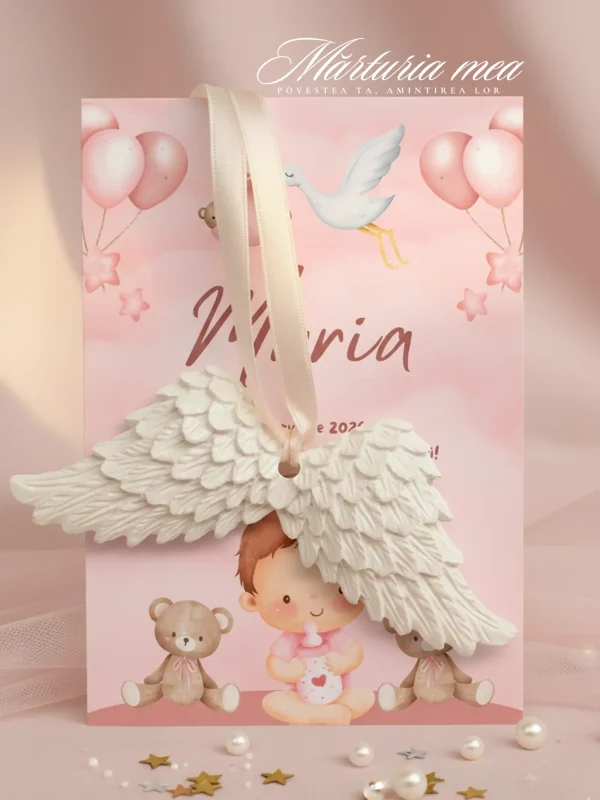 Marturie Botez Aripi Inger Roz cu Ursuleti – Marturia Mea marturie botez aripi inger ceramica cu cartonas roz si ursuleti