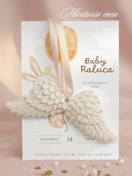 marturie botez aripi inger ceramica alba cu iepuras si balon