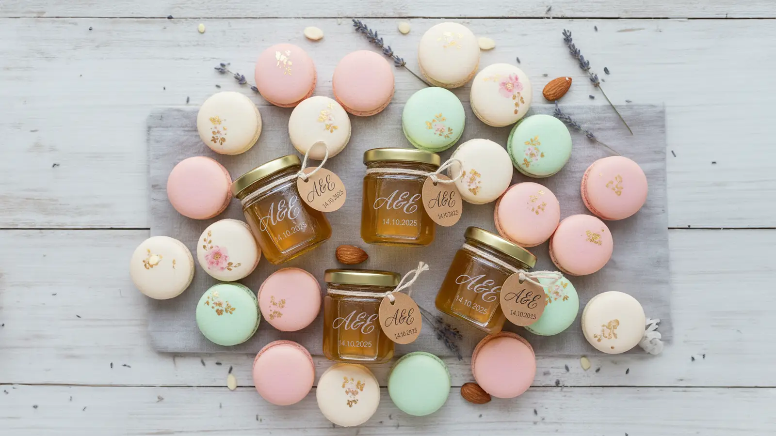 Marturii comestibile nuntă 2026 - borcănele miere și macarons