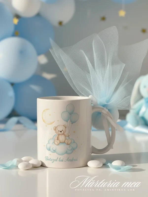 marturie botez baiat cana personalizata cu ursulet si tul bleu