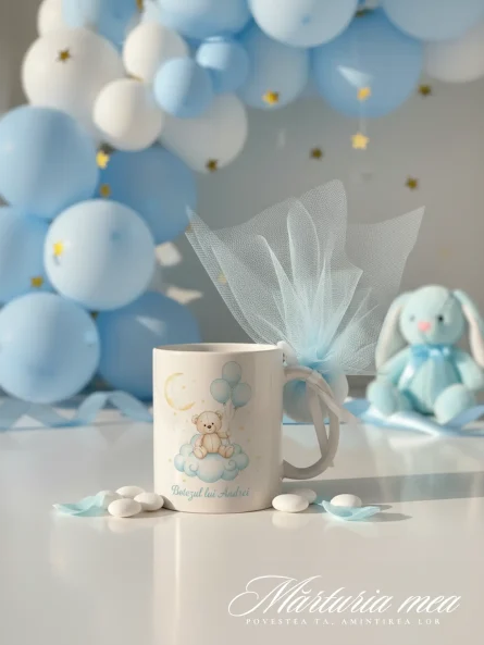 marturie botez baiat cana personalizata cu ursulet si tul bleu
