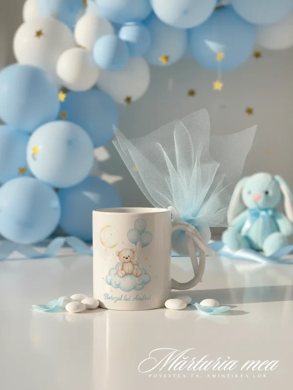 marturie botez baiat cana personalizata cu ursulet si tul bleu