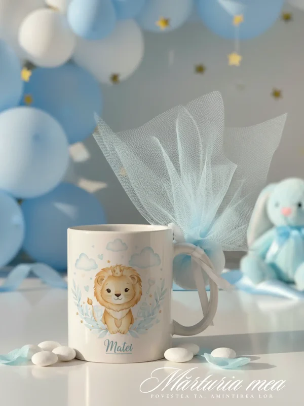 marturie botez baiat cana personalizata cu leut si tul bleu