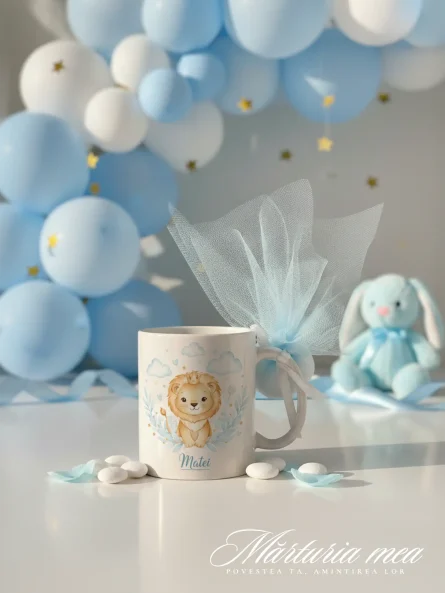 marturie botez baiat cana personalizata cu leut si tul bleu