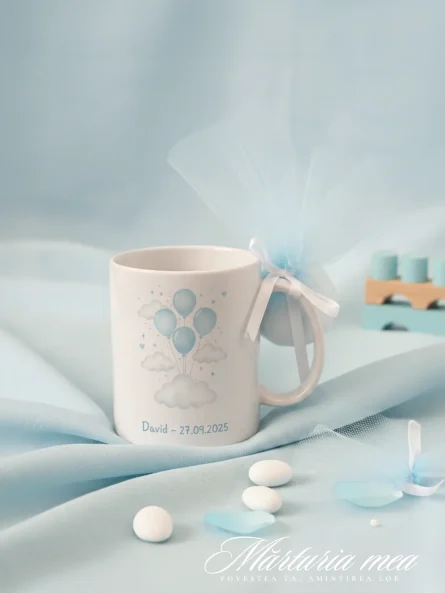 marturie botez baiat cana personalizata cu balonase bleu si tul