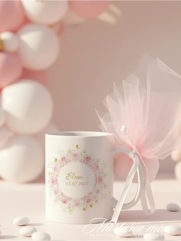 marturie botez fata cana personalizata cu flori roz si tul
