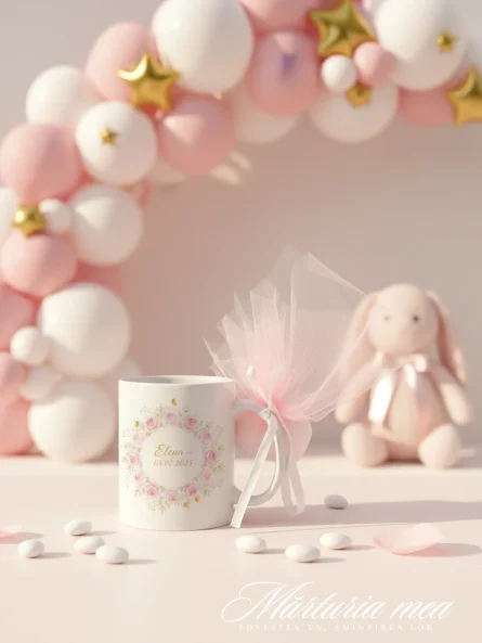 marturie botez fata cana personalizata cu flori roz si tul
