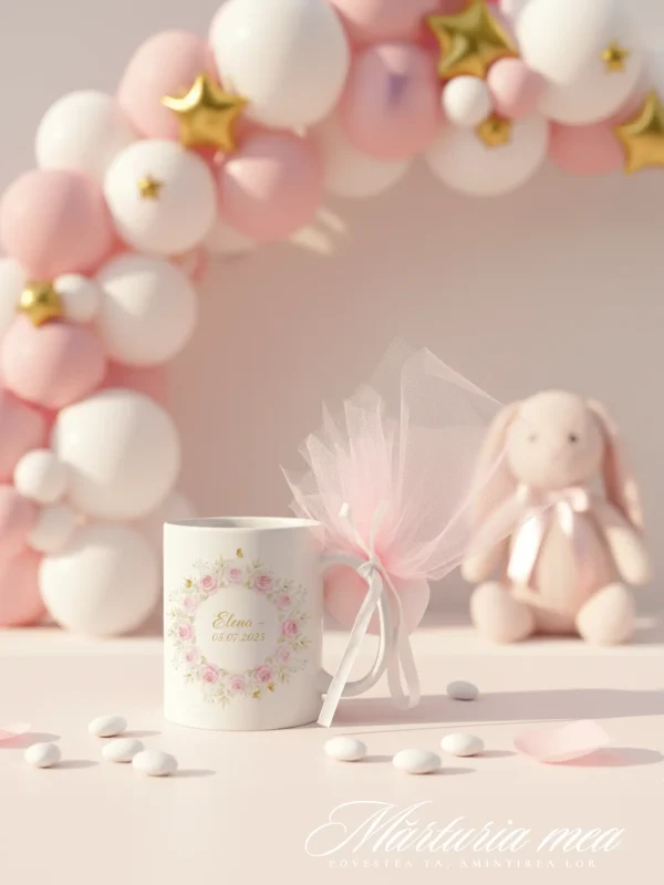 marturie botez fata cana personalizata cu flori roz si tul