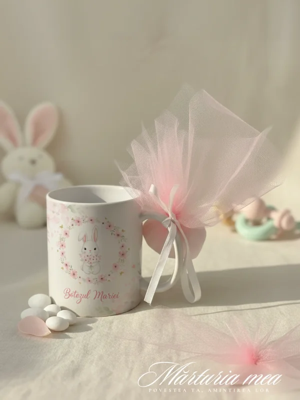 marturie botez fata cana personalizata cu iepuras si flori roz