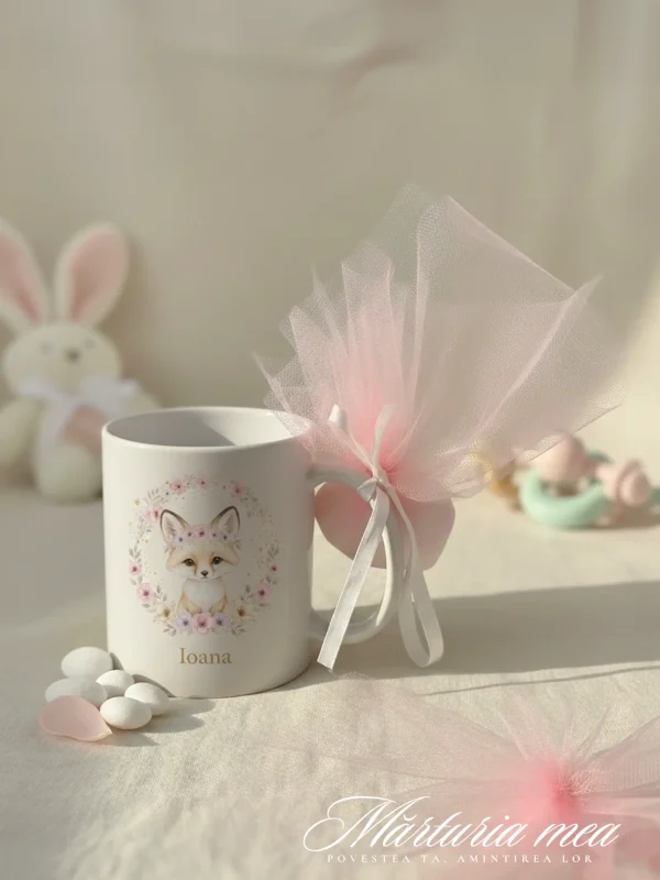 marturie botez fata cana personalizata cu vulpita si flori roz