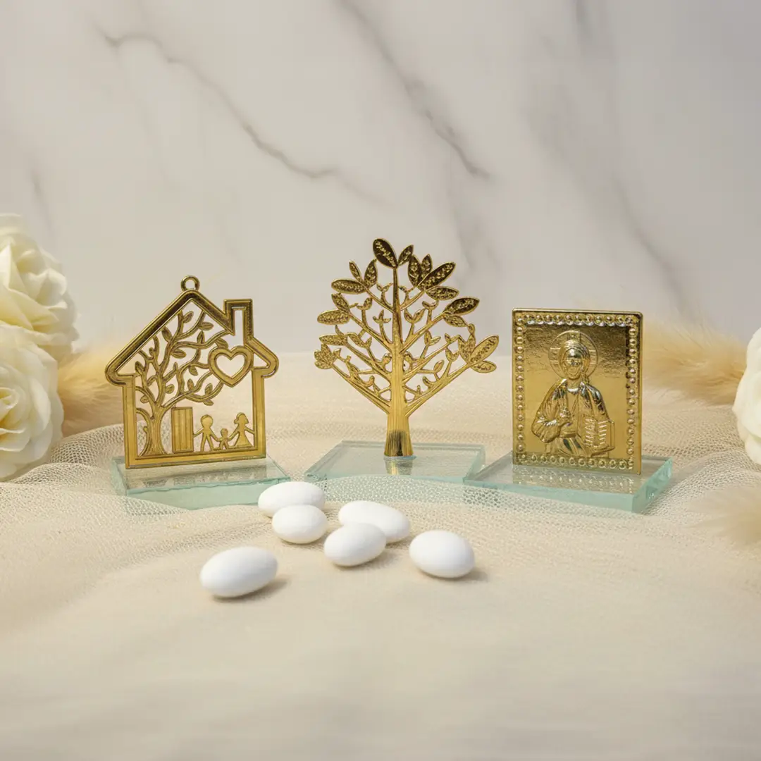 Mărturii personalizate – figurine aurii diverse (casă, arbore, icoană) pe suport de sticlă, Marturia Mea