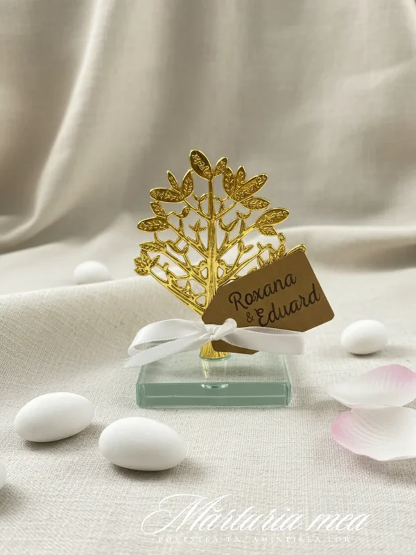 marturie copac viata nunta botez aurie pe suport de sticla, cu fundita si eticheta