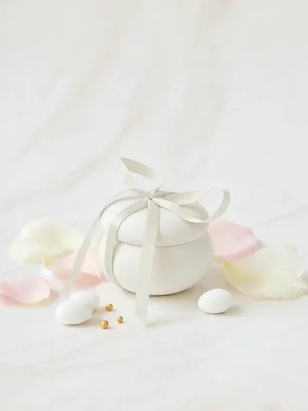 Mărturie macaron alb din ceramică, decorată cu fundă albă, simbol de puritate și eleganță, potrivită pentru nuntă și botez.