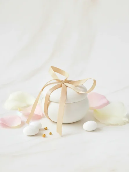 Mărturie macaron alb din ceramică, decorată cu fundă crem, detaliu elegant pentru nuntă sau botez.