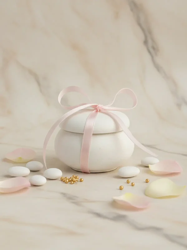 Mărturie de nuntă și botez în formă de macaron alb din ceramică, realizată manual, elegantă și personalizabilă cu etichetă.