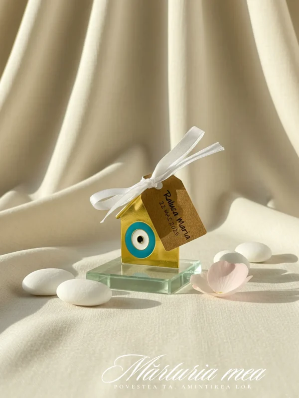 marturie botez ochi protector, casuta aurie cu fundita si eticheta