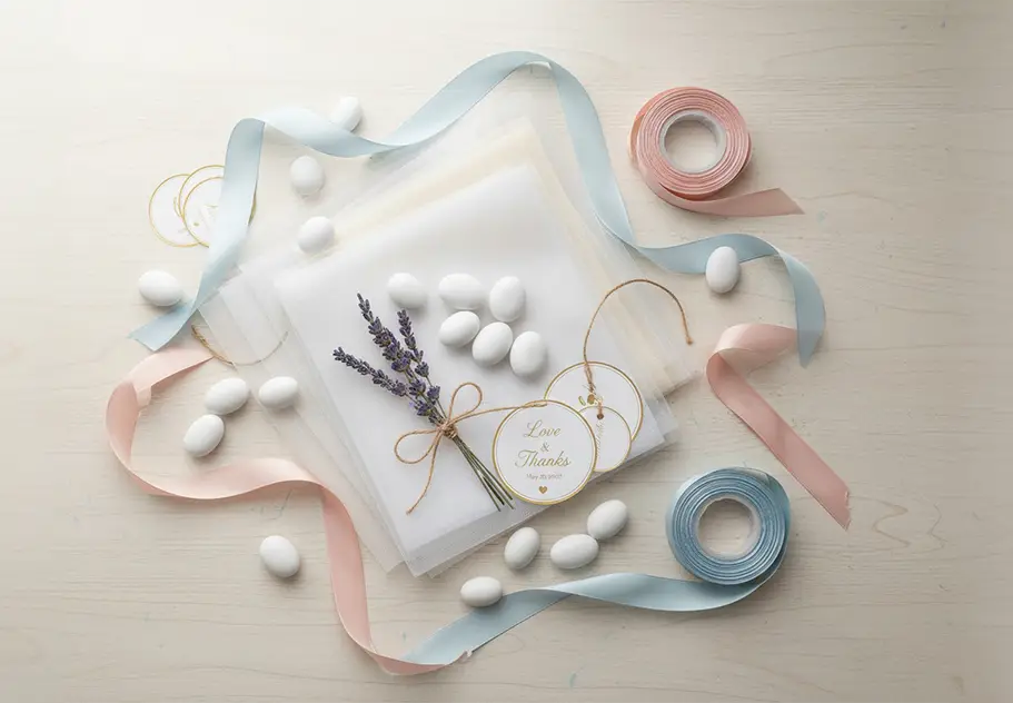 Materiale DIY pentru mărturii – panglici colorate, tulle alb și lavandă pentru decor