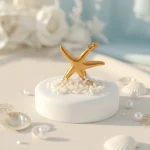 marturie stea de mare aurie pe suport alb cu pietricele pentru botez baiat