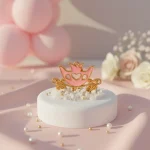 marturie botez caruta roz printesa pe suport alb rotund cu pietricele