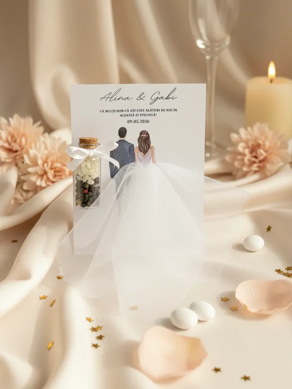 marturie nunta card miri cu fusta tul si sticluta condimente