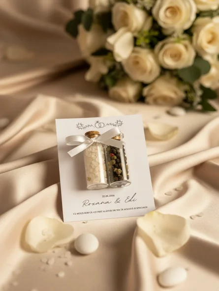 marturie nunta sticlute sare piper simbol verighete carton personalizat