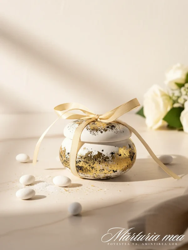 marturie macaron ceramic cu folie aurie si neagra, decorata cu fundita aurie – pentru nunta si botez