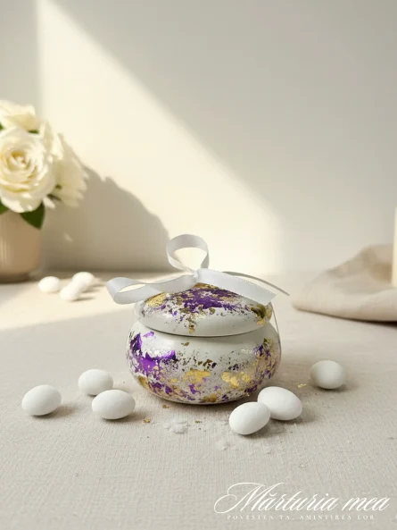 marturie macaron ceramic decorata cu folie aurie si mov, fundita alba, pentru nunta sau botez