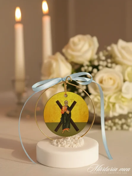 marturie cu icoana pe piatra decorativa alba cu fundita bleu