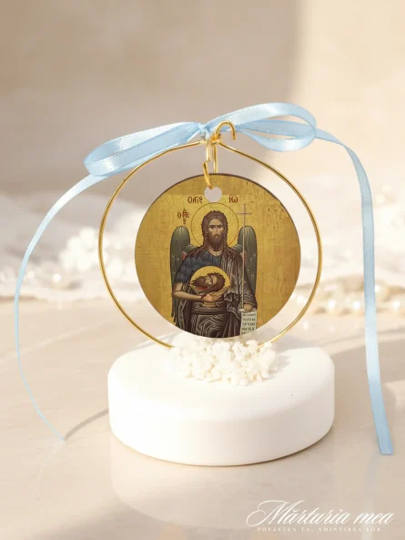 marturie cu icoana sfant pe piatra decorativa alba cu fundita bleu