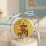 marturie cu icoana sfant dimitrie pe piatra decorativa alba cu fundita bleu
