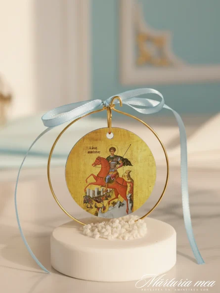 marturie cu icoana sfant dimitrie pe piatra decorativa alba cu fundita bleu