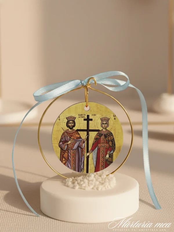marturie cu icoana sfintii imparati constantin si elena pe piatra decorativa alba cu fundita bleu