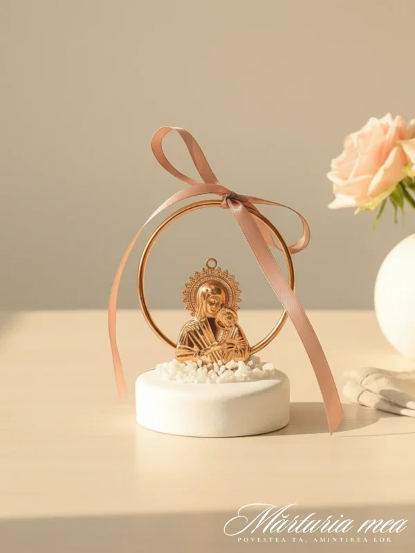 Marturie cu Icoana Maica Domnului pe Piatra Decorativă – Marturia Mea marturie cu icoana maica domnului aurie pe piatra decorativa alba cu fundita roz