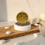 marturie botez baiat cu banut auriu pe suport alb si pietricele decorative albastre