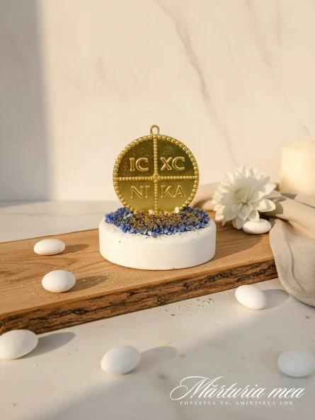 marturie botez baiat cu banut auriu pe suport alb si pietricele decorative albastre