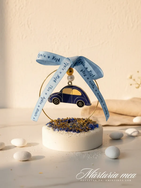marturie de botez pentru baiat cu masinuta retro bleumarin pe piatra decorativa alba cu cristale albastre si sclipici auriu