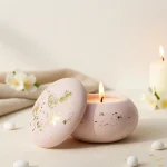 marturii botez fete lumanare in recipient macaron ceramic roz pudrat cu insertii de foita de aur