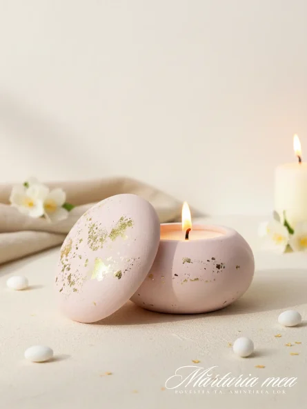 marturii botez fete lumanare in recipient macaron ceramic roz pudrat cu insertii de foita de aur