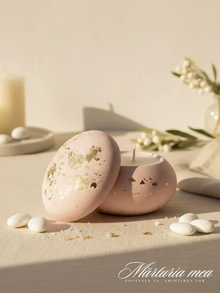 marturii botez fete lumanare in recipient macaron ceramic roz pudrat cu insertii de foita de aur