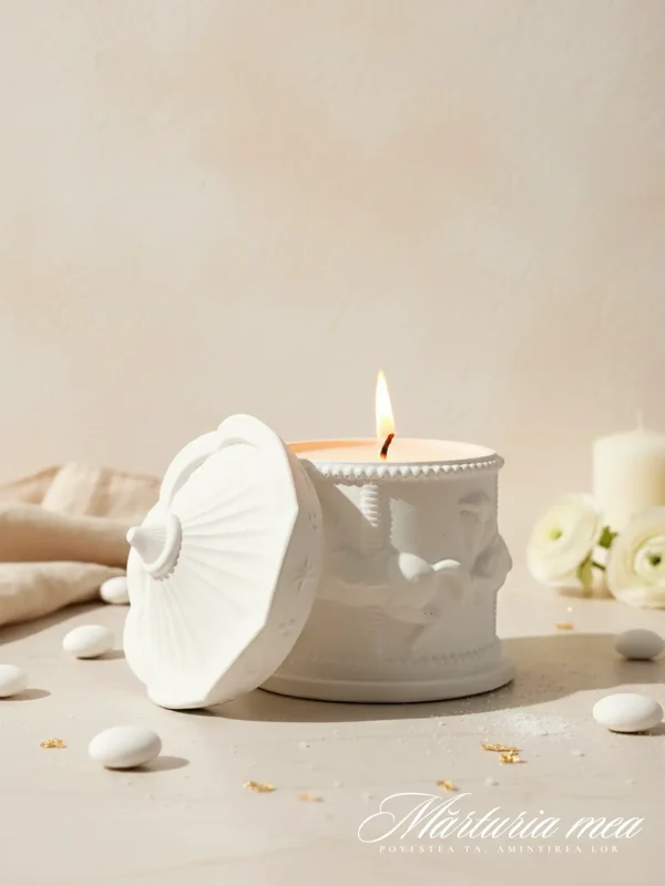lumanare in recipient carusel alb din ceramica pentru marturii nunta si botez asezata langa drajouri