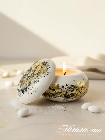 marturii nunta lumanare macaron ceramic alb cu foita de aur si detalii negre, asezata langa bomboane