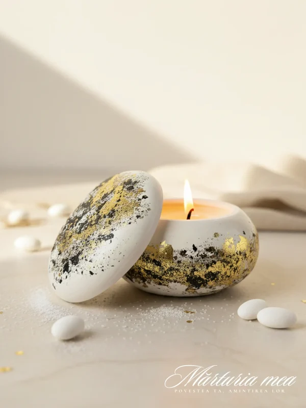 marturii nunta lumanare macaron ceramic alb cu foita de aur si detalii negre, asezata langa bomboane